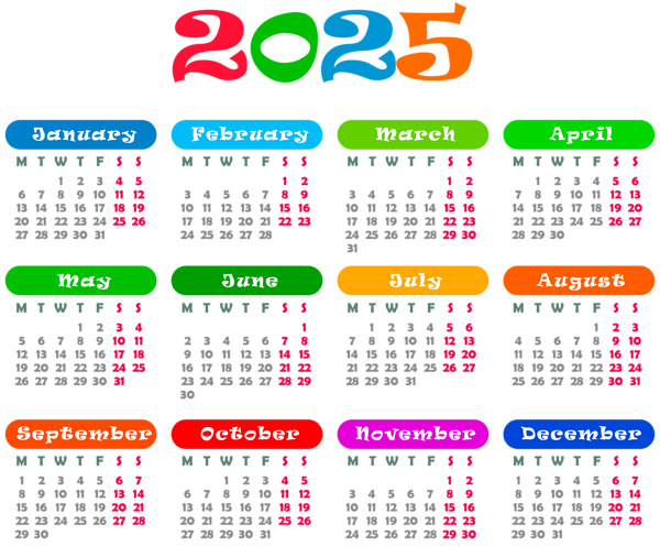2025 EU Colorful Calendar Transparent PNG Image Gallery Yopriceville